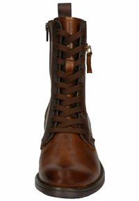 Bottes de cheville en cuir marron avec lacets à l'avant, fermetures éclair sur les côtés, texture lisse, semelle plus foncée contrastante et détails de design minimalistes.