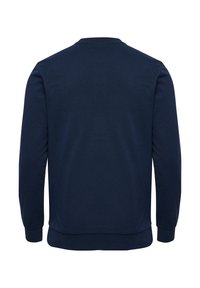 Granatowy sweter z teksturowanym wykończeniem, okrągłym dekoltem i długimi rękawami. Posiada prosty krój i minimalistyczny design.