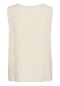 Ærmeløs beige linnedtop med brede skuldre og en let buet halsudskæring, vist bagfra.