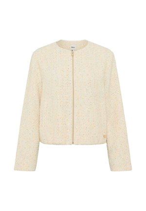 Cremefarbene, strukturierte Damenjacke mit langen Ärmeln, rundem Ausschnitt und Reißverschluss vorne.