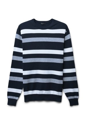 Marineblaues Sweatshirt mit horizontalen Streifen in Hellgrau und Weiß. Mit Rundhalsausschnitt und gerippten Bündchen. Weicher Strickstoff.