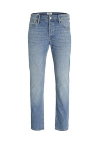 Jeans in denim azzurro leggero con una vestibilità dritta, cinque tasche, chiusura con bottone e delicate sfumature sul davanti.