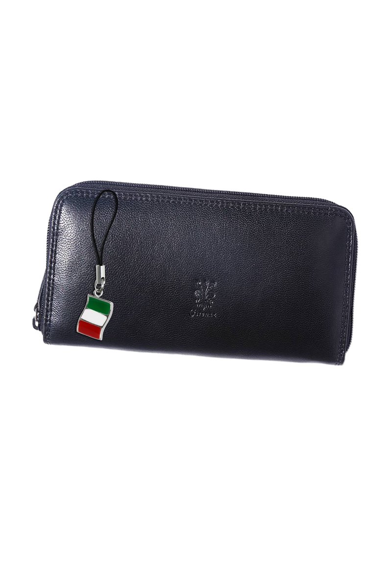 Marine leren portemonnee met ritssluiting, voorzien van een geperst logo en een kleine Italiaanse vlag charm die is bevestigd met een zwarte strap.