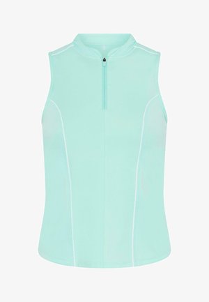 Minti zaļš bez piedurknēm tops ar pus-zips apkakli, ar baltām sānu pannām un gludu, vieglu auduma tekstūru.