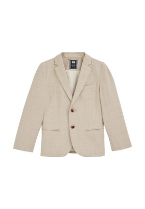 Blazer beige pour enfants avec un motif à carreaux subtil, deux boutons marron, revers crantés et poches à rabat sur le devant.