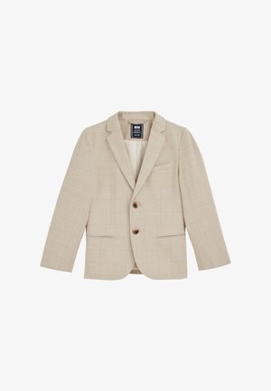 Blazer beige para niños con patrón sutil de cuadros, dos botones marrones, solapas con muesca y bolsillos delanteros con tapa.
