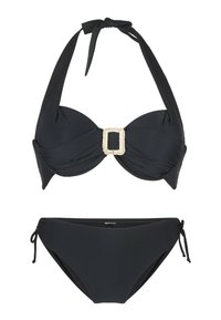Schwarzes Bikini-Set mit einem Neckholder-Oberteil und einer dekorativen cremefarbenen Schnalle sowie einer passenden Unterseite mit seitlichen Bindebändern. Glattes Material, ohne Muster.