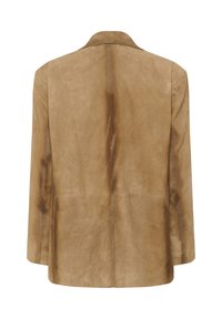 Bruine suede blazer met een soepele textuur, notch-kraag en lange mouwen, met een schone, minimalistische achterkant.