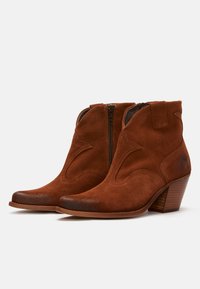 Botas de tobillo de ante marrón con punta afilada, cremallera lateral y tacón bajo apilado. Incluyen costuras decorativas y detalles clásicos del estilo western.