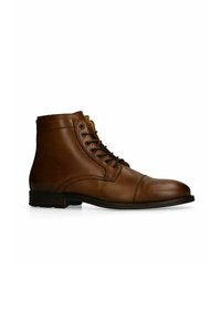 Bruine leren enkelboot met vetersluiting, ronde neus en stikdetails. Platte zool met een subtiele hak voor stabiliteit.