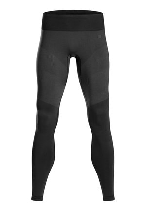 Black leggings made of stretchy, smooth material, featuring a high waistband, subtle textured patterns, and a close-fitting design.