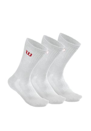 Drei Paare weiße Sportsocken mit roten, gestickten "W"-Logos nahe dem oberen Bündchen, nebeneinander auf weißem Hintergrund angeordnet.