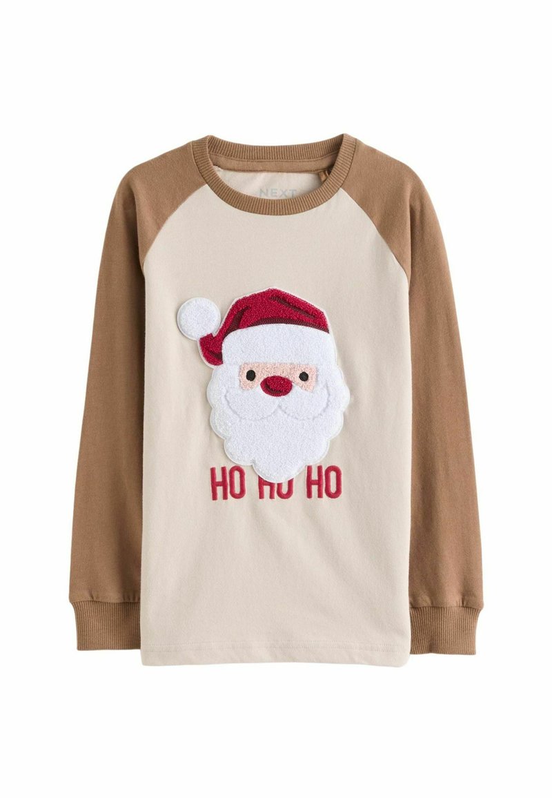 Mikina s dlhým rukávom s krémovým telom a hnedými rukávmi. Obsahuje aplikáciu chlpatej tváre Santa Clausa a červený text "HO HO HO" nižšie.