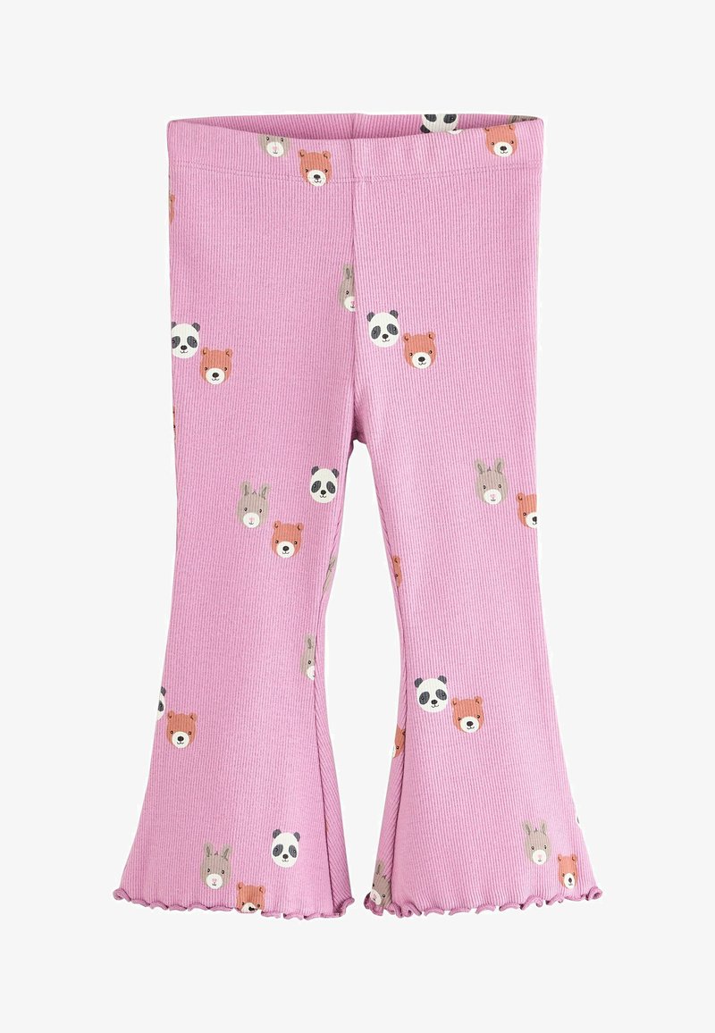 Rosa gerippte Kinderhose mit ausgestellten Beinen und auf dem Stoff verteilten Tiergesichtern, darunter Bären, Pandas und Kaninchen.