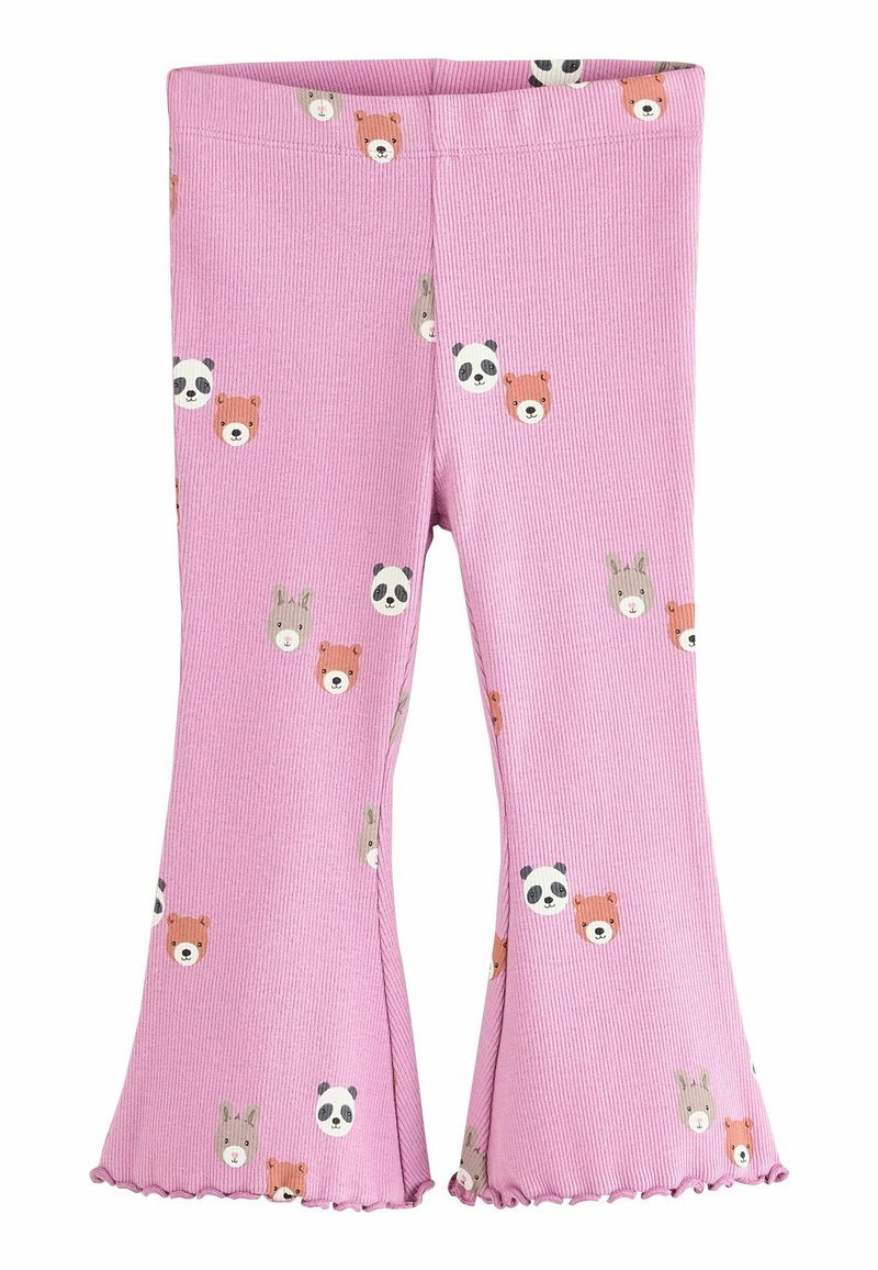 Leggings roses à côtes avec bas évasé, ornés de petits visages d'animaux de différentes couleurs, y compris des pandas et des ours, répartis uniformément sur le tissu.