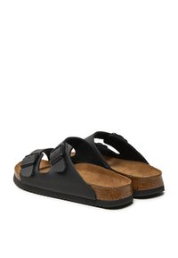 Sandali neri in pelle con doppie cinghie regolabili, suola in sughero e suola in gomma. Design piatto con punta arrotondata e retro aperto.