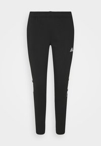 Pantalones atléticos negros de corte ajustado, con cintura elástica y logo blanco de Adidas. Tejido suave con rayas laterales y diseño de pierna cónica.