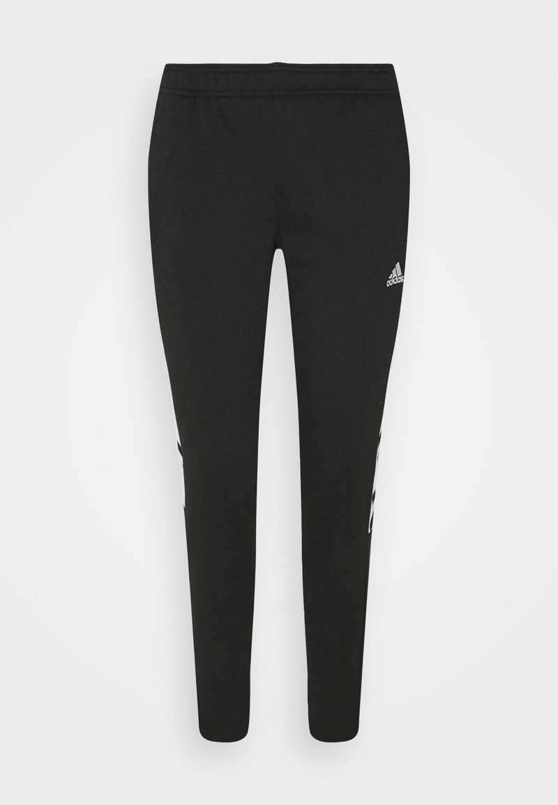 Pantalones atléticos negros de corte ajustado, con cintura elástica y logo blanco de Adidas. Tejido suave con rayas laterales y diseño de pierna cónica.