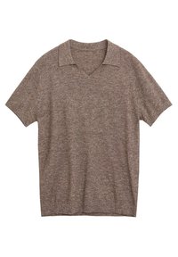 Hnědé polo tričko s krátkým rukávem a designem s V-výstřihem. Vyrobeno z texturovaného úpletu, má klasický límec a volný střih.