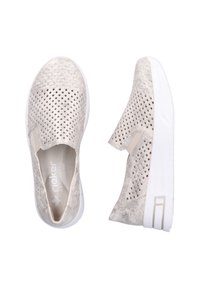 Light beige slip-on shoes with perforated upper, white rubber sole, and subtle textured accents, designed for comfort and breathability.