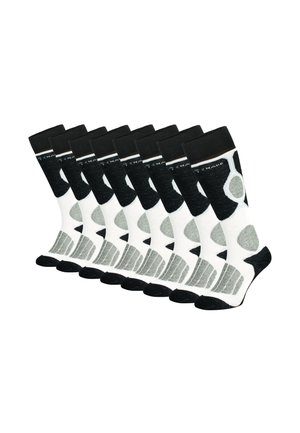 Neun Paar schwarze, weiße und graue Kniestrümpfe mit gepolsterten Sohlen sowie verstärkten Zehen und Fersen, in einer Reihe vor einem weißen Hintergrund angeordnet.