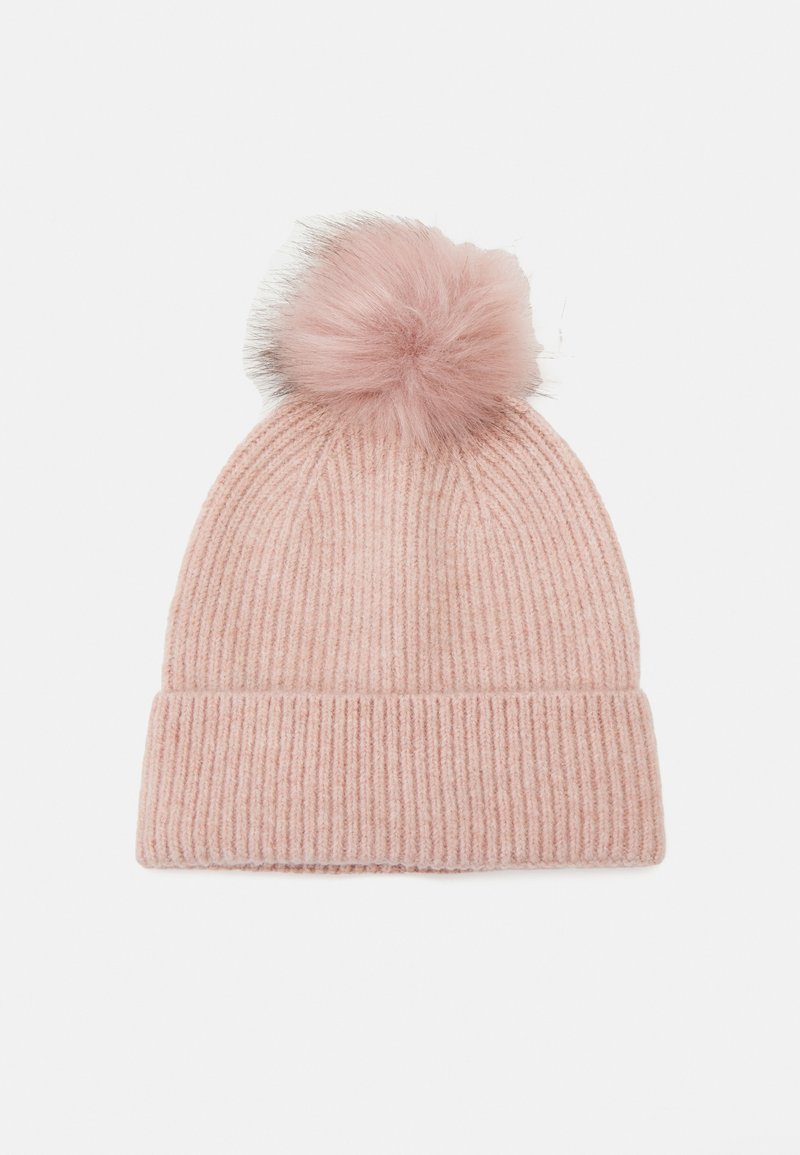 Roosa kudumine beanie, millel on sooniktekstuur ja pehme pom-pom peal. Omab volditud ääre, mis lisab soojust ja stiili.