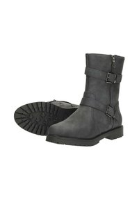Black leather ankle boots with two overlapping straps, buckle details, and a side zipper. Rubber sole with a textured tread pattern.