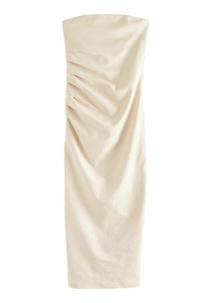 Trägerloses, knielanges beiges Kleid mit Raffung auf der linken Seite und geradem Saum.