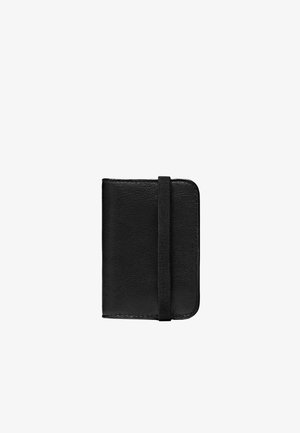 Black leather wallet with a smooth texture, compact design, rounded corners, and an elastic strap closure. Simple, minimalist style.