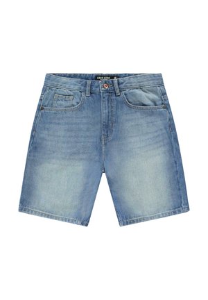 Lichtblauwe denim korte broek met een klassieke snit, voorzien van vijf zakken, een bovenste knoopsluiting en een subtiele vervaagde structuur.