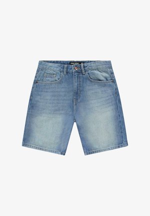 Lichtblauwe denim korte broek met een klassieke snit, voorzien van vijf zakken, een bovenste knoopsluiting en een subtiele vervaagde structuur.