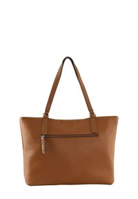 Bolsa tote de cuero marrón con un acabado texturizado, que cuenta con dos asas de hombro y un bolsillo frontal con cremallera para mayor funcionalidad.