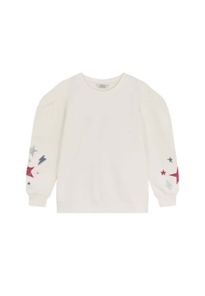 Sudadera blanca de algodón con mangas largas y abullonadas. Presenta diseños coloridos de estrellas y rayos en rojo, azul y plata en las mangas.