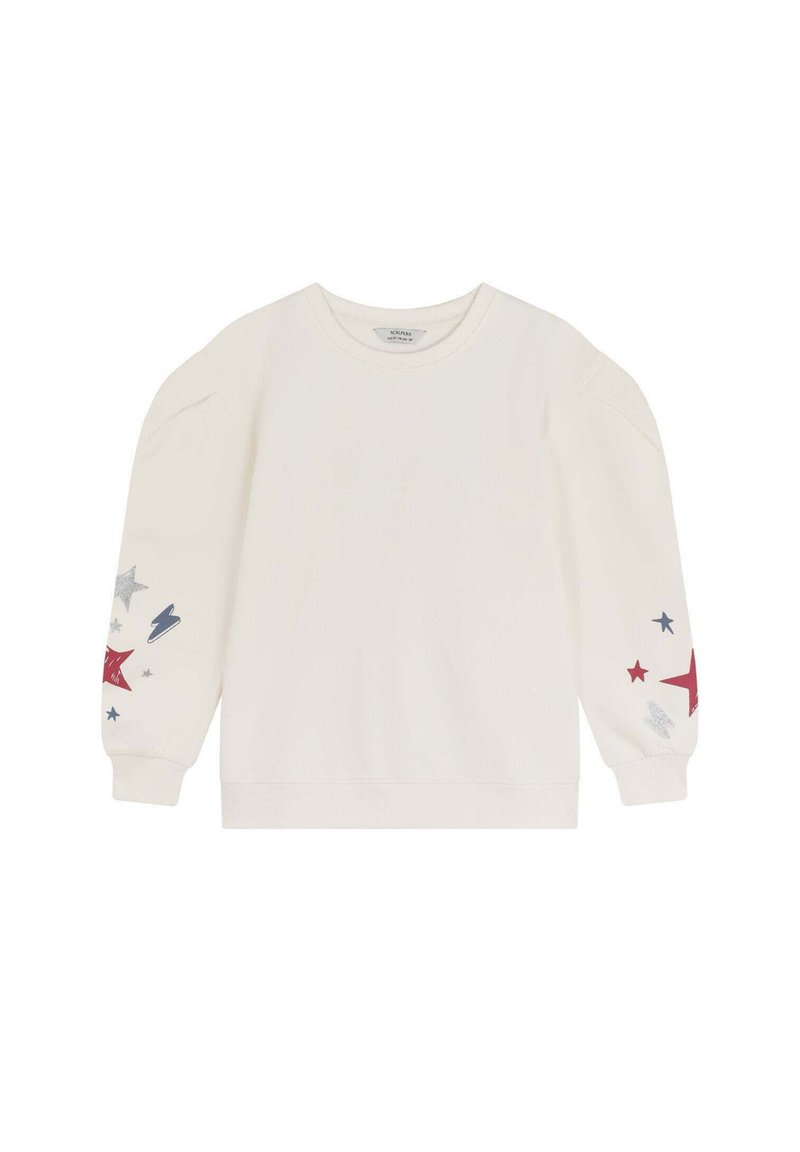 Sudadera blanca de algodón con mangas largas y abullonadas. Presenta diseños coloridos de estrellas y rayos en rojo, azul y plata en las mangas.