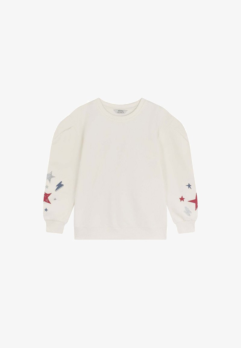 Sweatshirt en coton blanc avec de longues manches bouffantes. Présente des motifs colorés d'étoiles et d'éclairs en rouge, bleu et argent sur les manches.