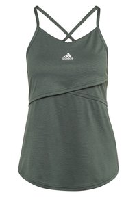 Débardeur de sport vert Adidas avec des bretelles fines croisées et un panneau avant à plusieurs couches.