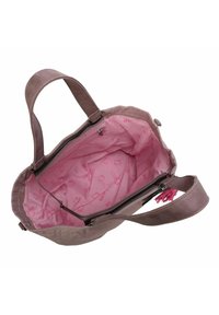 Roze tote bag met een gestructureerde buitenkant, ruime binnenkant met een Hello Kitty-patroon, twee handvatten en een ritsvak.