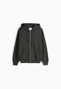 Felpa con zip di colore grigio scuro, dotata di un cappuccio ampio, tasche frontali e polsini a coste. Realizzata in un tessuto morbido e testurizzato per il massimo comfort.
