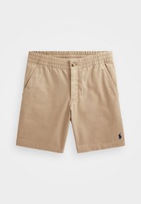 Beige shorts made of cotton, featuring an elastic waistband, button closure, and side pockets. Includes a small navy logo detail.
