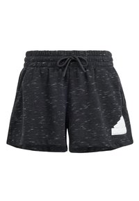 Pantalones cortos deportivos negros hechos de un material suave y texturizado. Presenta una cinturilla elástica con cordón y un acento en forma de logo blanco en el lateral.