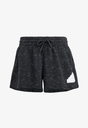 Pantalones cortos deportivos negros hechos de un material suave y texturizado. Presenta una cinturilla elástica con cordón y un acento en forma de logo blanco en el lateral.