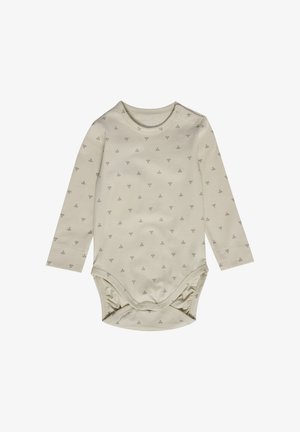 Kremowe body z długim rękawem wykonane z miękkiej tkaniny z małymi brązowymi wzorami kwiatowymi; wyposażone w zatrzaski przy szyi i na dole, ułatwiające ubieranie.