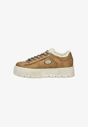 Brown low-top sneaker with thick white sole, fleece lining, patterned laces, and "Replay" logo on side against white background.