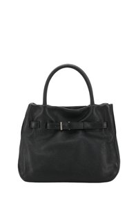 Borsa a mano in pelle nera con una texture a pelle d'angelo, manici arrotondati e una fascia frontale piatta con un piccolo dettaglio in argento a forma di fibbia.
