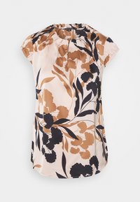 Blumenbluse in hellbeige mit dunkelbraunen und marineblauen Mustern. Kurze Ärmel, plissierter Halsausschnitt und eine lockere Passform. Glatter Stoff.