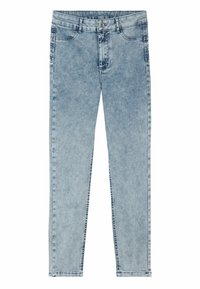 Vaqueros de mezclilla azul claro con una textura suave, diseño de cinco bolsillos y un cierre de botón estándar. Ajuste slim con perneras rectas.