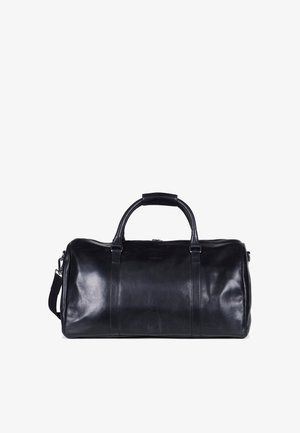Svart lær duffelbag med en glatt tekstur, avrundet form, dobbelthåndtak og justerbar skulderrem. Har glidelåslukking.