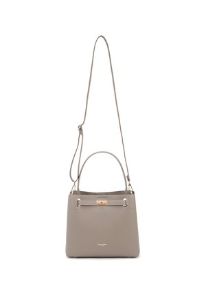 Gray handbag with pebbled texture, structured shape, top handle, and adjustable shoulder strap. Features gold-tone hardware and logo detail.