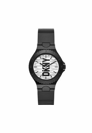Orologio da polso DKNY nero con quadrante bianco, lancette nere, grande logo verticale DKNY e cinturino in gomma nero.