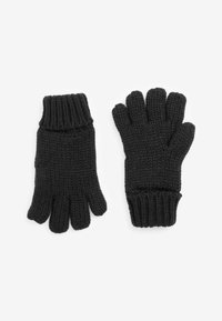 Schwarze gestrickte Handschuhe mit Ribbelbündchen und Fingeröffnungen, die eine strukturierte Oberfläche und ein einfarbiges Design aufweisen.